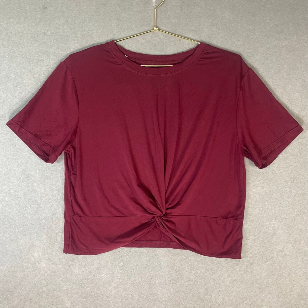 Womens maroon Twist Front Crop Top Large Stretch Short Sleeve Activewear Shirt